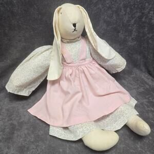 Vintage Folk Art Handmade Stitched Cloth Bunny Rabbit Pink Dress 19" Doll